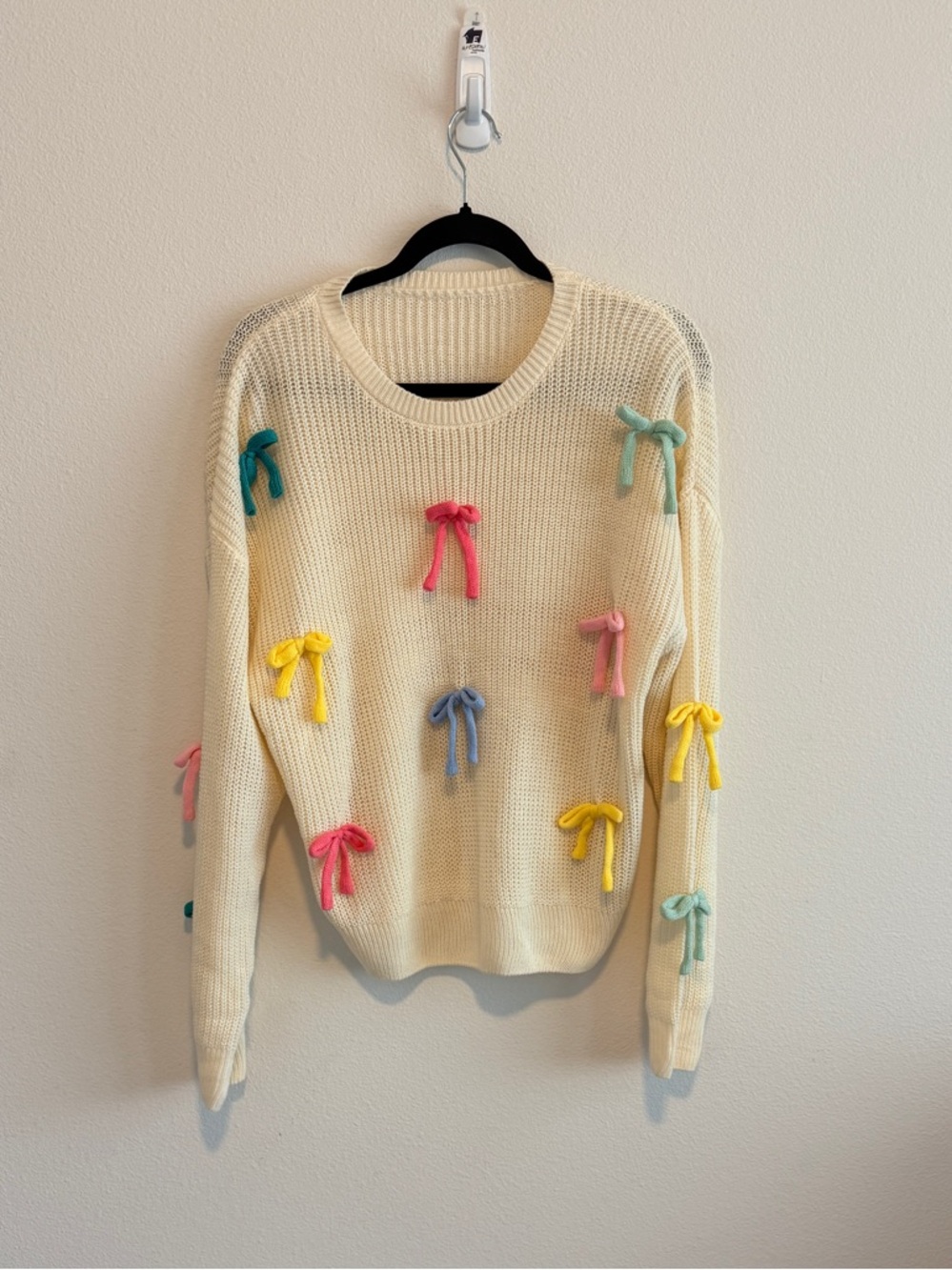 Cream Crewneck Sweater with Multicolor Bows - Never Worn